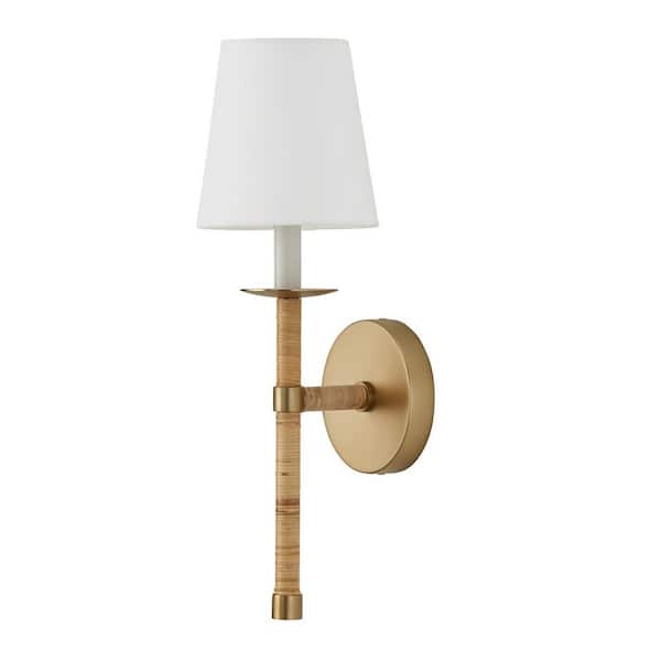 Tulum 6 in. 1-Light Matte Brass Sconce with Hand-Wrapped Natural Rattan and White Fabric Stay-Straight Shade