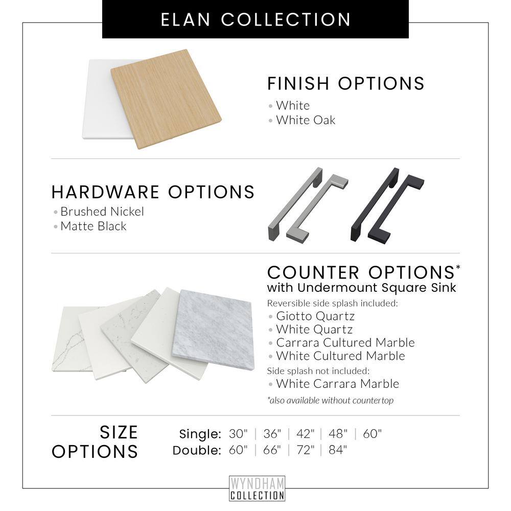 Elan 60-Inch Double Vanity with White Carrara Marble Top and Nickel Trim