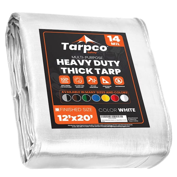 TARPCO SAFETY 12 ft. x 20 ft. White Polyethylene Heavy Duty 14 Mil Tarp,  Waterproof, UV Resistant, Rip and Tear Proof TS-104-12x20 The Home Depot