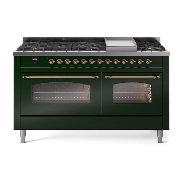 ILVE Nostalgie II 60 in. 9 Burner+Griddle Freestanding Double Oven Dual Fuel Range in Emerald Green with Brass