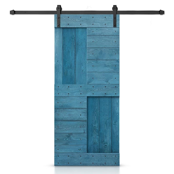 CALHOME 24 in. x 84 in. Ocean Blue Stained DIY Knotty Pine Wood Interior Sliding Barn Door with Hardware Kit