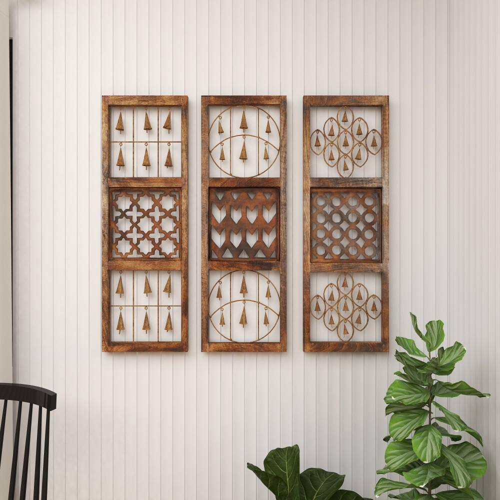 Brown Wood and Metal Bell Wall Decor Set of Three