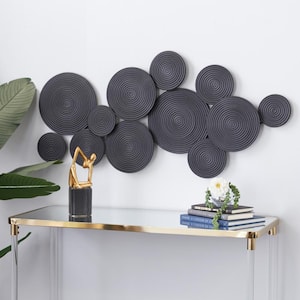 Metal Black Plate Wall Decor with Textured Circles