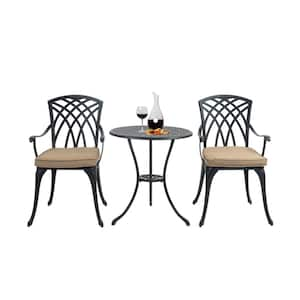 3-Piece Black Cast Aluminum Outdoor Bistro Set with Umbrella Hole on Table and Beige Cushions for Patio Balcony