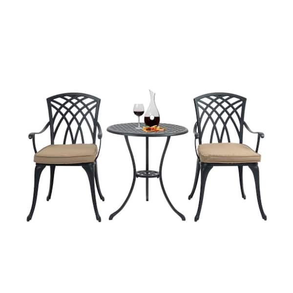Misopily 3-Piece Black Cast Aluminum Outdoor Bistro Set with Umbrella Hole on Table and Beige Cushions for Patio Balcony