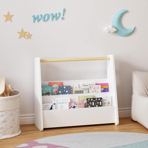 Prix 15.74 in. Tall White MDF Wood 2-Tier Front-Facing Kids Bookcase with Wooden Handle, Display Organizer