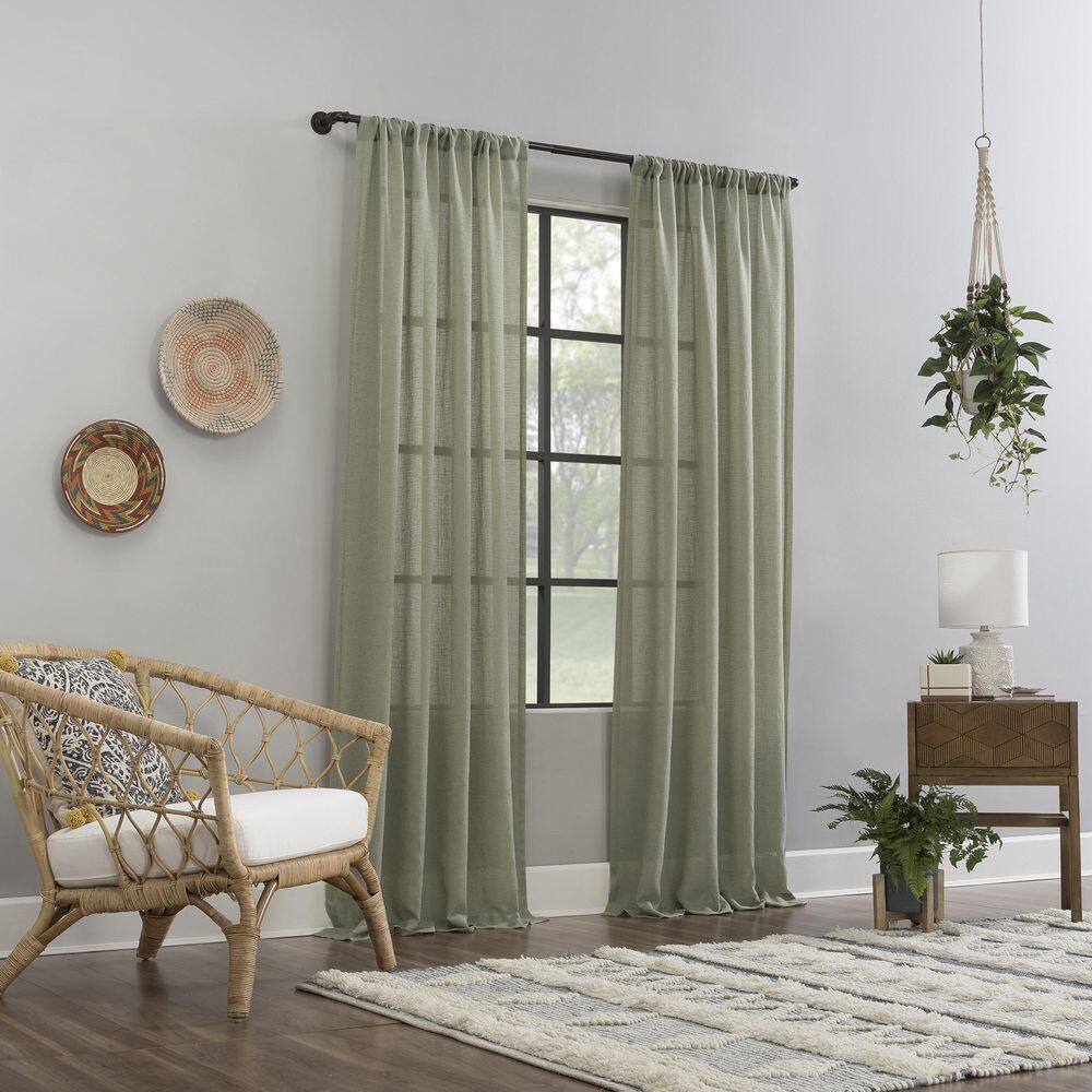 Celadon Green Sheer Linen Blend Rod Pocket Curtain Panel