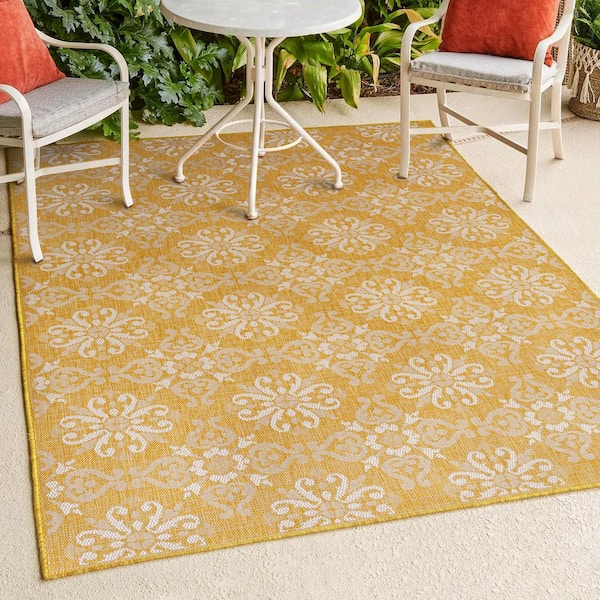 JONATHAN Y Amora Yellow/Cream 3 ft. x 5 ft. Traditional Mediterranean Tile Design Indoor/Outdoor Area Rug