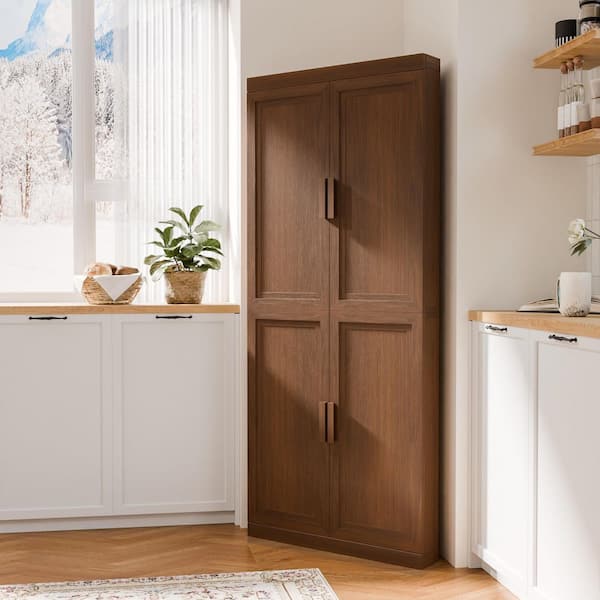 Solid Wood Light Walnut 72 in. H Corner Cabinet Storage Cabinet with Adjustable Shelves