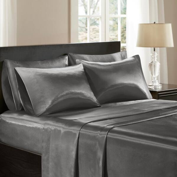 Madison Park Essentials - Satin Wrinkle-Free Luxurious 6-Piece Sheet Set - Grey - Queen