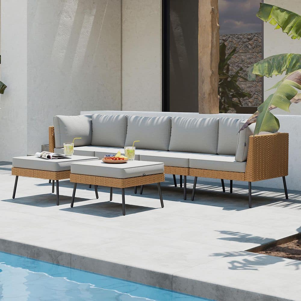 6-Piece Modular Outdoor Patio Conversation Set, PE Wicker Sectional Sofa with 4 in. Thick Gray Cushions and Coffee Table