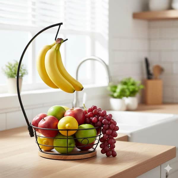 1 Piece Modern Hanging Banana Holder Stable Wooden Base Countertop Fruit Vegetable Bowl Storage Set Black
