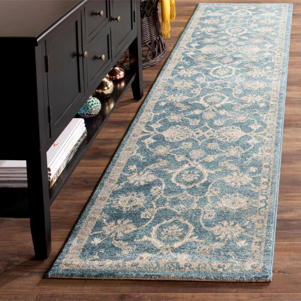 Blue and Beige Stain-Resistant Floral Runner Rug