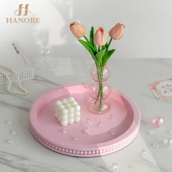 Afoxsos Pink Tray Decorative Round Beaded Perfume for Dresser