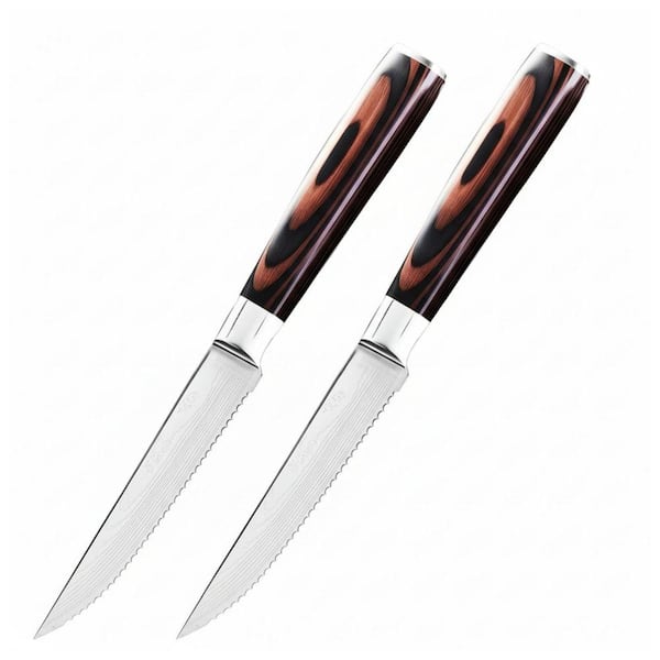 4.5 in. Japanese High Carbon Stainless Steel Partial Tang Serrated Steak Knife with Ergonomic Wood Handle (Set of 2)
