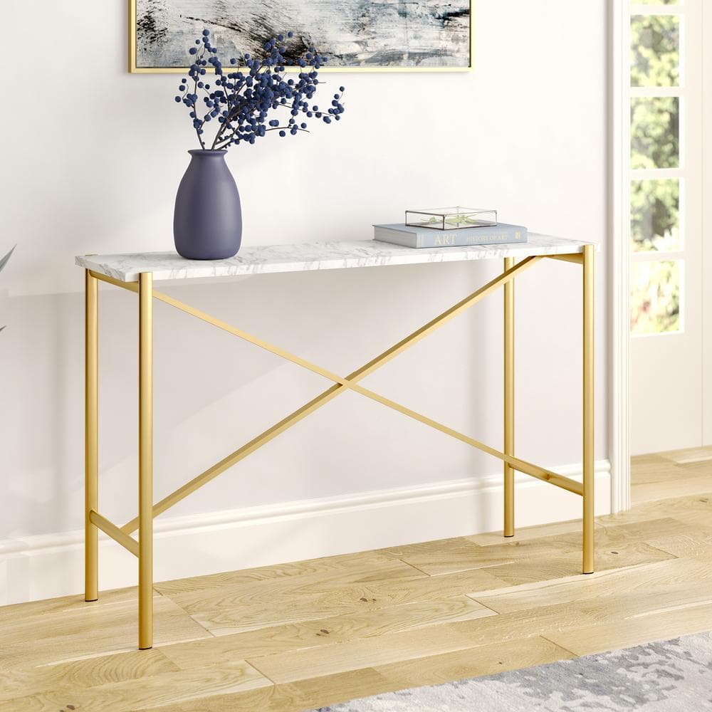 Braxton 46" Gold Finish Console Table with Faux Marble Top