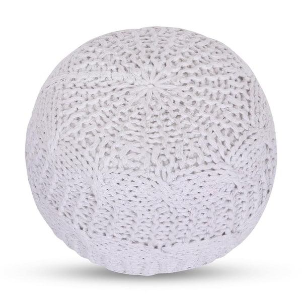 Loft Lyfe Brystol White Cotton Yarn Hand - Knitted Round Pouf