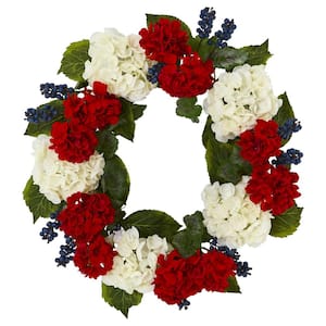 21in. Artificial Unlit Artificial Holiday Wreath with Geranium and Blue Berry