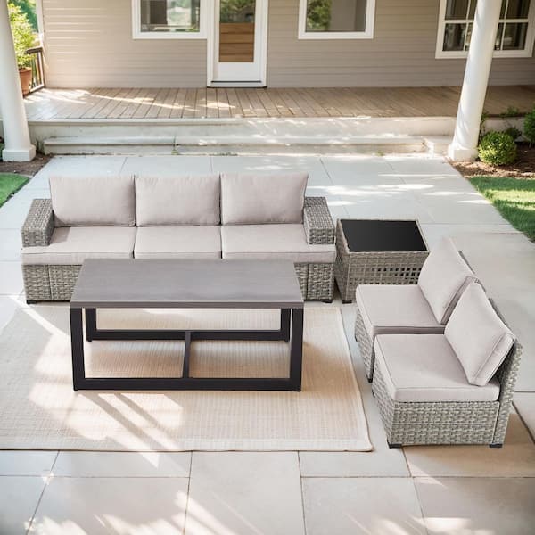 ModNest Taupe 7-Piece Wicker Patio Conversation Set, Modular Sofa Set with Beige Cushions and Coffee Table