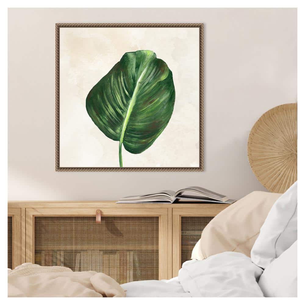 Tropical Leaves I Green Leaf Canvas Wall Art with Bronze Frame