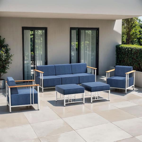 Puffin 5-Piece White Metal Patio Conversation Set with Sofa, Armchairs and 10 in. Thick Navy Blue Olefin Cushions