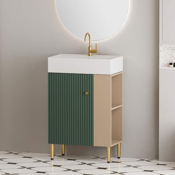 21.6 in. Single Sink Freestanding Green Bath Vanity with White Ceramic Top and Right Side Open Shelf Unassembled