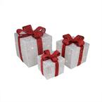 9 in. Christmas Outdoor Decorations Silver Tinsel Gift Boxes with Red Bows Lighted (3-Pack)