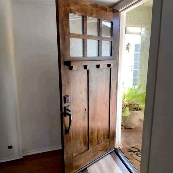 42 in. x 96 in. Craftsman 2 Panel 6Lite Clear Low-E w/Dentil Shelf Right-Hand Unfinished Wood Alder Prehung Front Door