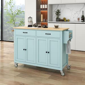 Mint Green Solid Wood Top 54.3 in. W Kitchen Island Cart with Adjustable Shelves and Locking Wheels, Spice & Towel Rack