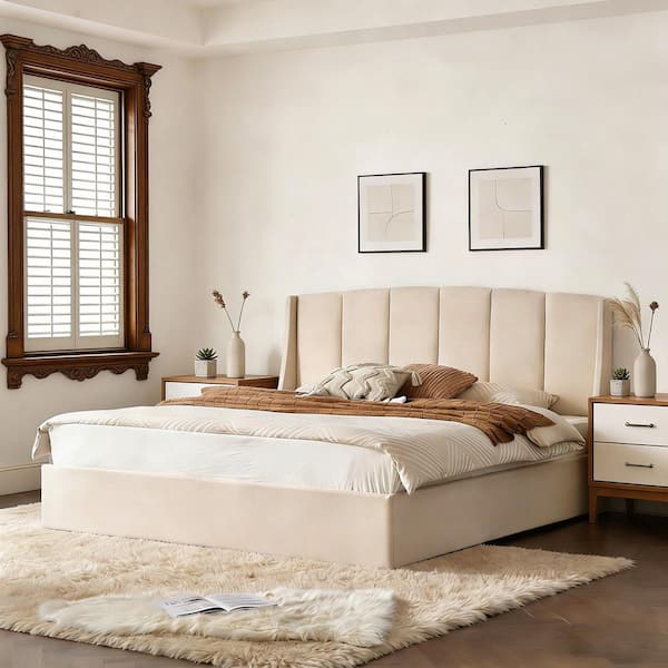 Beige Plywood Frame King Size Wingback Upholstered Platform Bed with Lift-Up Storage Supported by Metal and Wooden Slats
