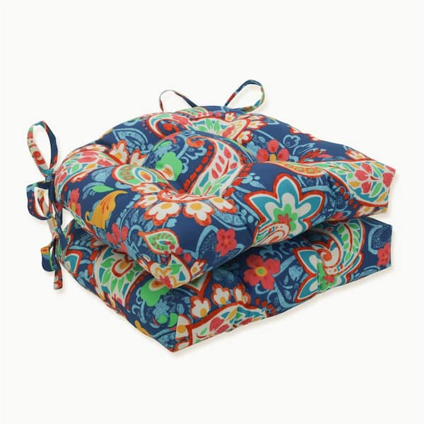 Pillow Perfect Paisley 16 in. x 15.5 in. 2-Piece Outdoor Dining Chair Cushion in Blue/Green Party