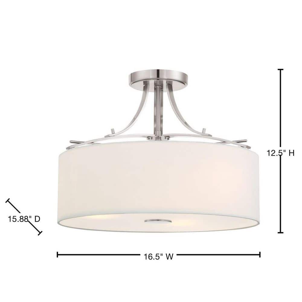 Transitional Brushed Nickel 3-Light Semi-Flush Mount with White Linen Shade