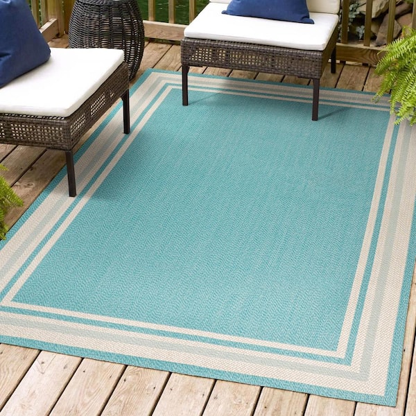 JONATHAN Y James Modern Aqua/Beige 3 ft. x 5 ft. Border Stripe Indoor/Outdoor Area Rug