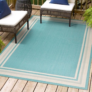 James Modern Aqua/Beige 5 ft. x 8 ft. Border Stripe Indoor/Outdoor Area Rug