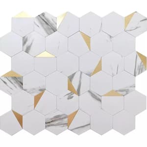 Hexagon White and Gold 11.8 in.x10.2 in. Metal Peel and Stick Backsplash Tile for Kitchen and Bathroom (8.3 sq ft/Case)