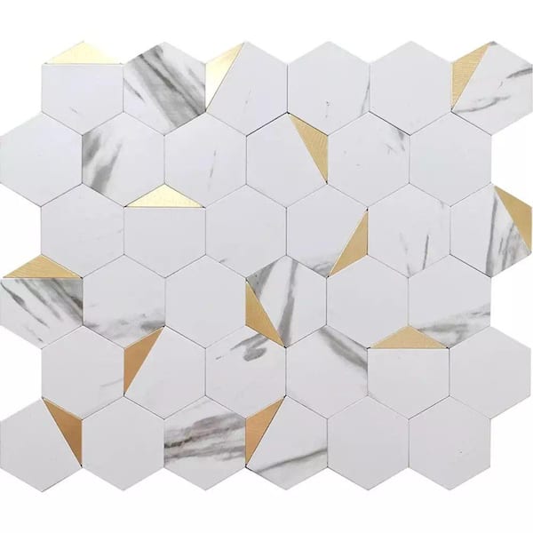 Apollo Tile Hexagon White and Gold 4 in x 5 Metal Peel and Stick Backsplash Tile Sample