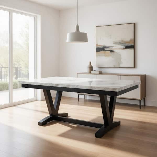 72 in. Black and White Marble Top Trestle Dining Table Seating for 6
