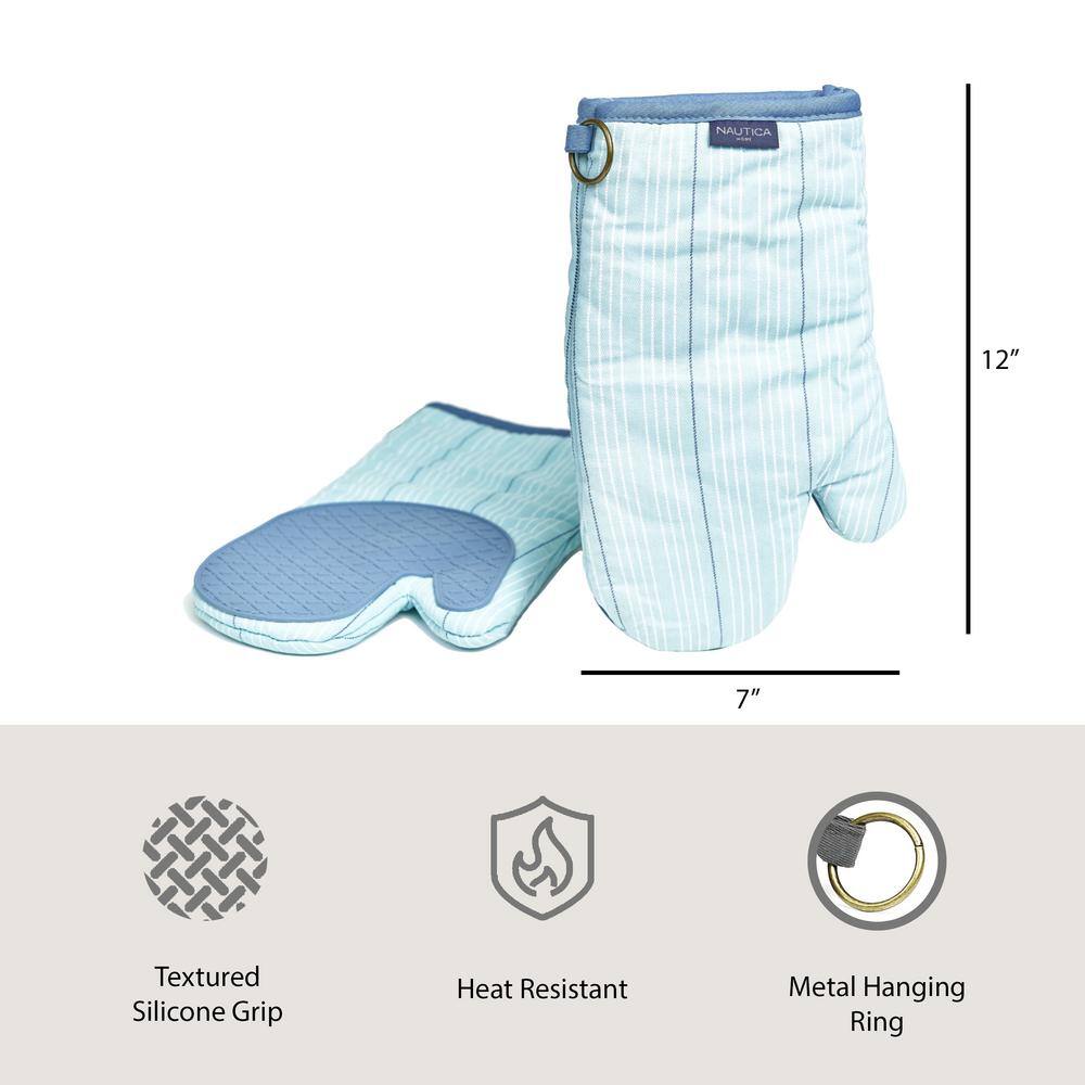 Light Blue Striped Cotton Oven Mitts with Silicone Palm