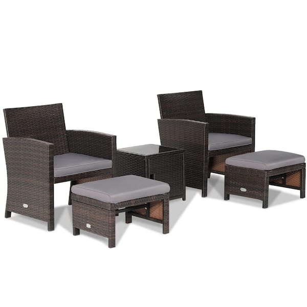 Costway 5-Piece Patio Rattan Furniture Set Chair Ottoman Cushion Space Saving with Cover Gray