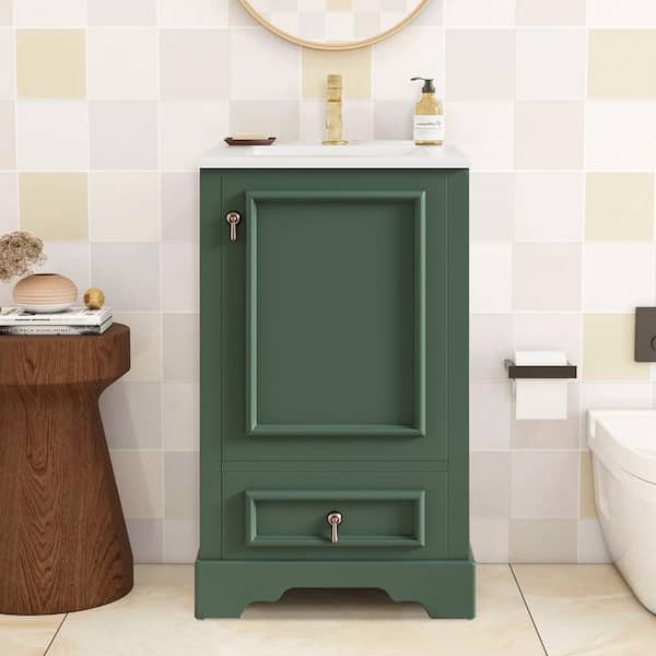 20 in. Single Sink Green Bath Vanity with White Ceramic Top, Adjustable Shelf, Compartment Drawer, Unassembled