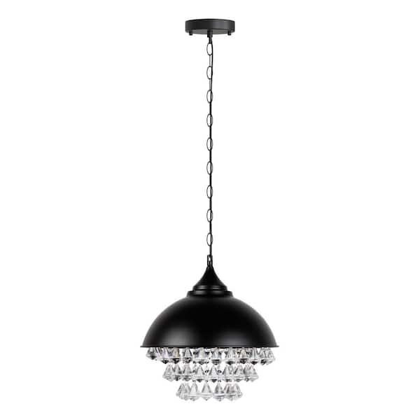 1-Light Crystal Black Metal Dome Industrial Pendant Light for Foyer, Hallway, Living Room, Rustic Modern Chandelier
