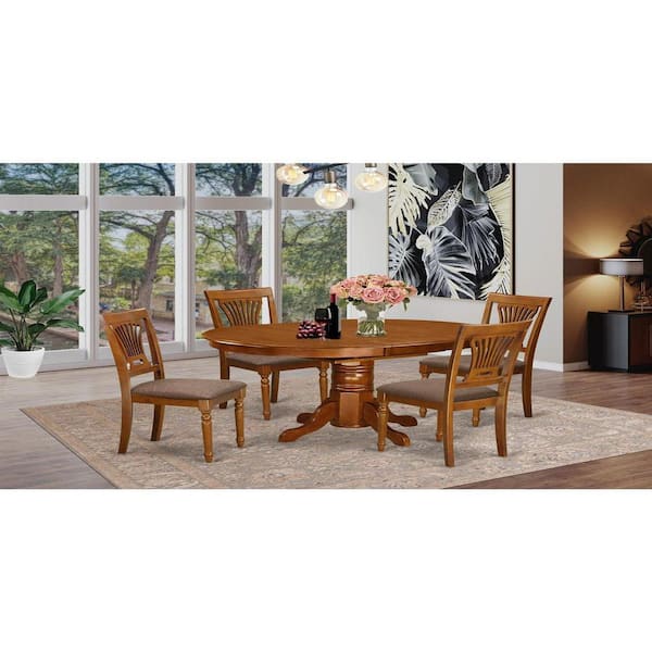 East West Furniture 5-Piece Oval Saddle Brown Finish Solid Wood Top Dining table with 4 Chairs with Lattice Back