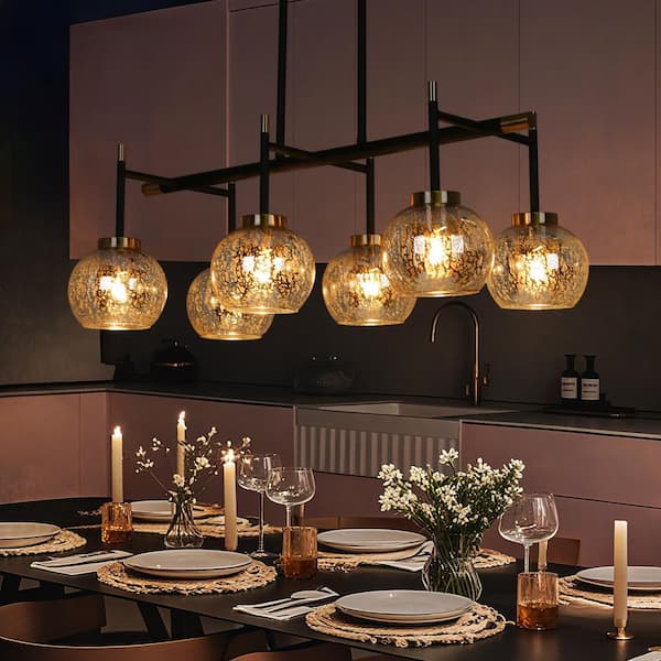 27.5 in. 6-Light Modern Black Island Chandelier, Transitional Brass Pendant Light, Mercury Glass Dining Room Chandelier