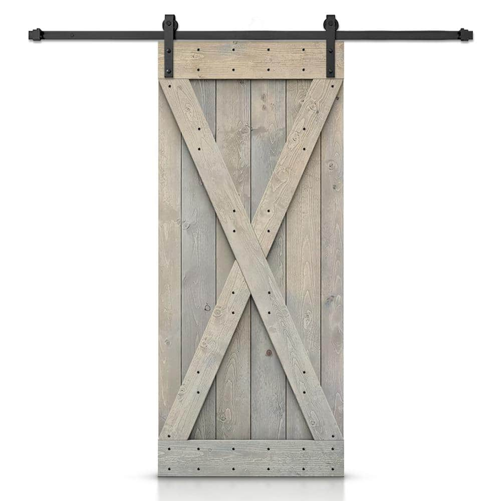 CALHOME 36 in. x 84 in. X-Series Smoke Gray DIY Knotty Pine Wood Interior Sliding Barn Door with Hardware Kit