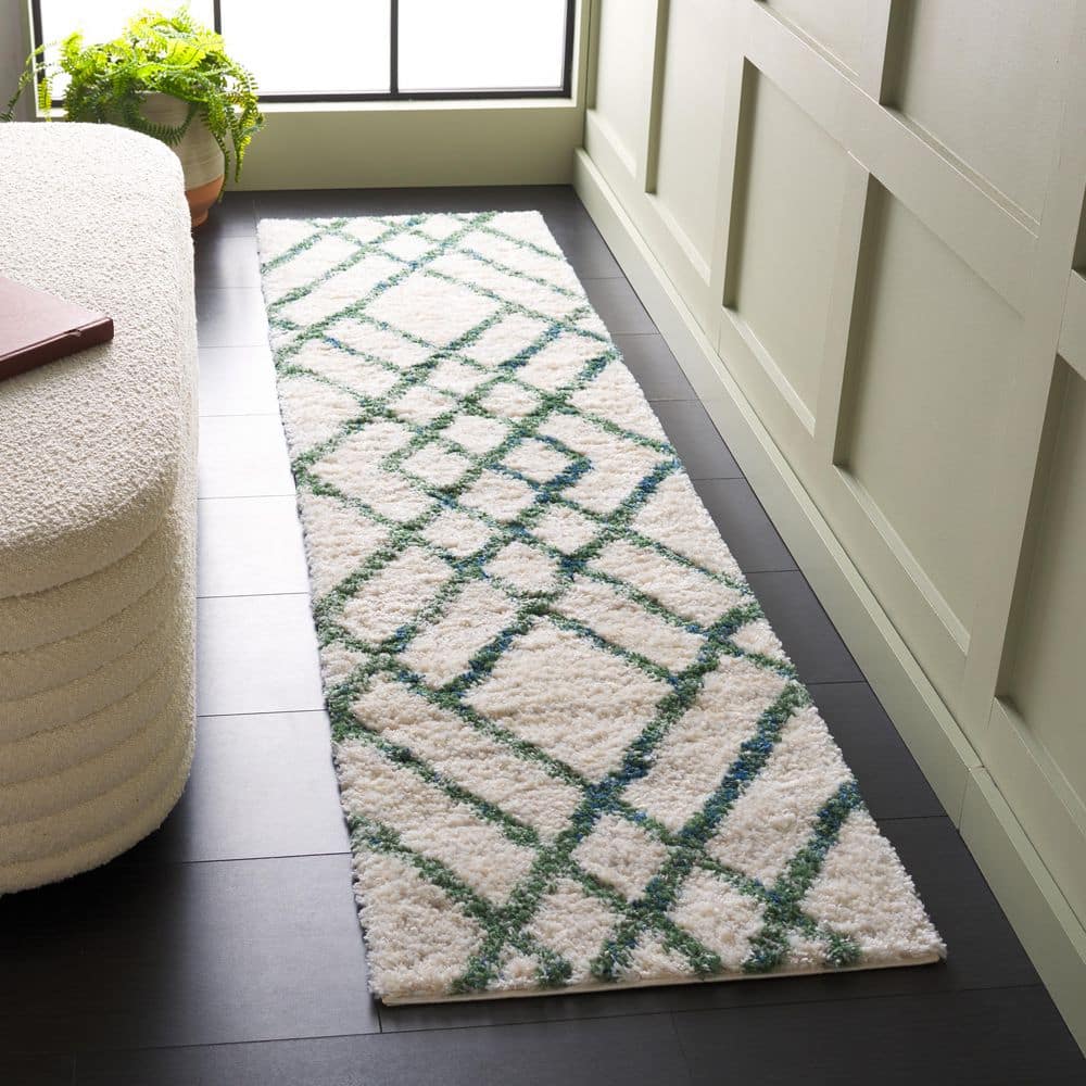 Berber Shag 2 ft. x 10 ft. Ivory/Green Diamond Geometric Runner Rug price history on PriceWatchPro