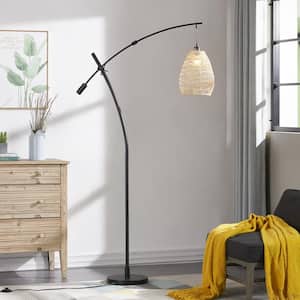 Chicago 76 in. Black 1-Light Up-Down Swing Arm Floor Lamp with Caged Rattan Shade