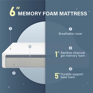 Nixy Queen Medium Memory Foam 6 in. Bed-in-a-Box CertiPUR-US Bamboo Charcoal Mattress