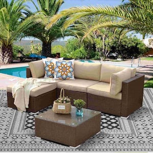 Brown 5-Piece All Weather PE Wicker Outdoor Sectional Sofa Set, Conversation Set with Glass Table and Beige Cushions
