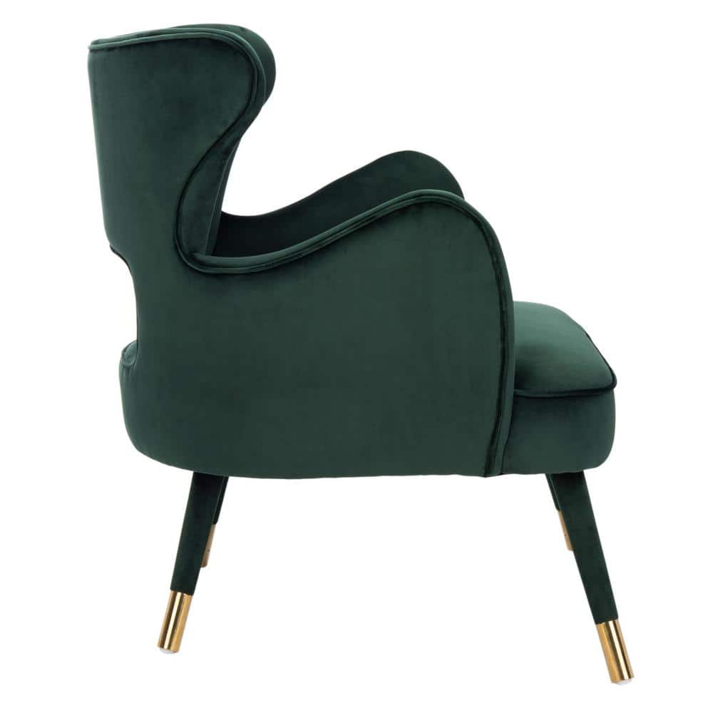 Transitional Forest Green Velvet Wingback Accent Chair with Gold Accents