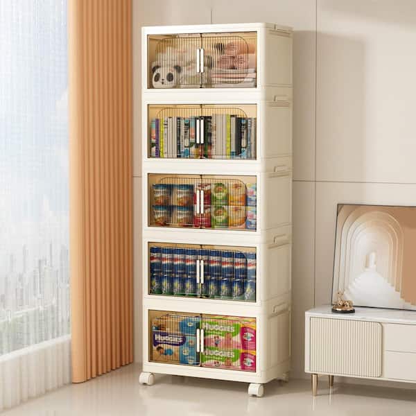 White 50 in. H 5-Tiers Folding Collapsible Storage Cabinet with Magnetic Door, Plastic Storage Cabinet with Wheels